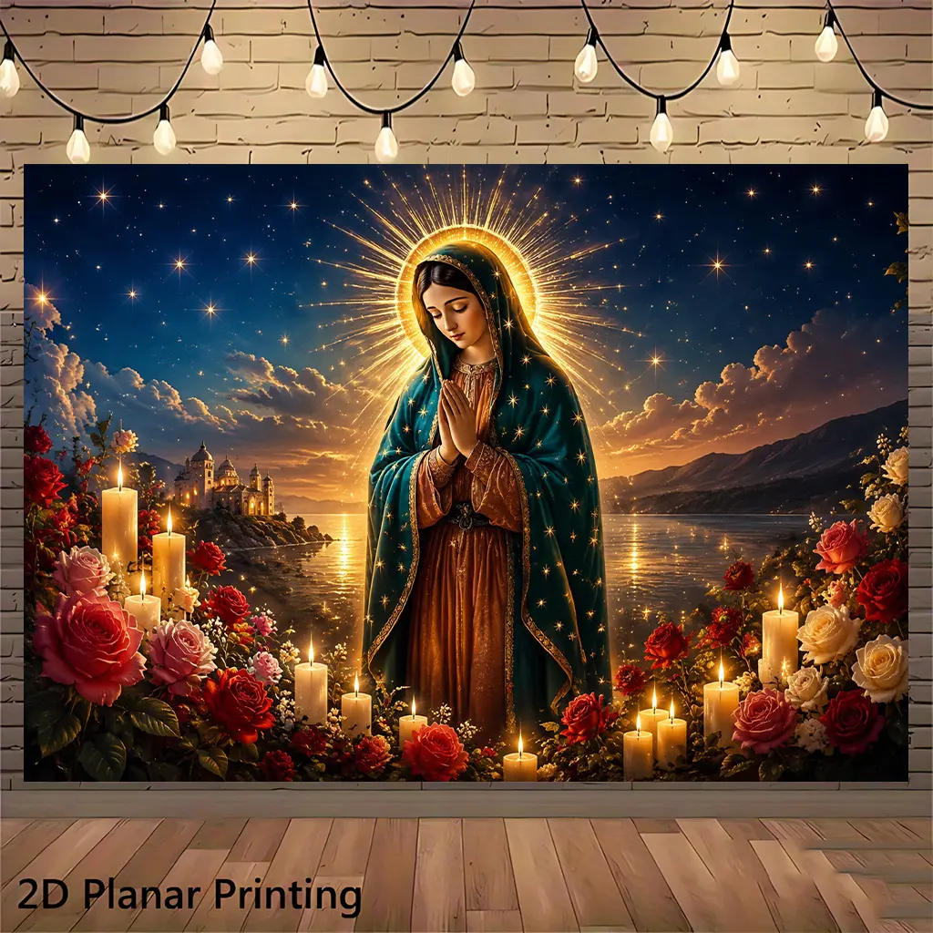 1pc 2D Flat Praying Virgin & Candle Sunset Banner Backdrop, Religious Sunset Scene Background Cloth, Polyester Decor for Living Room, Party Venue, Youth Room & Yard, Easy Setup, No Electricity Needed, Photo Booth Background