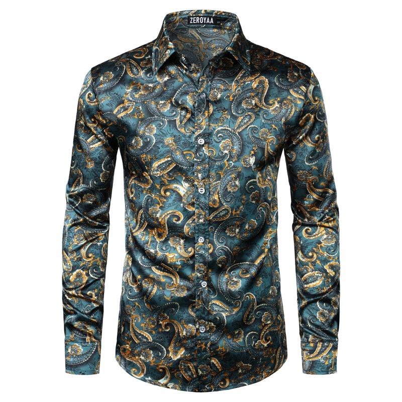 ZEROYAA Men's Hipster Fitted Silk Like Satin Dress Shirt Long Sleeve Button Down Printed Shirt for Party Prom fourth july shirt summer outfits men funny shirts