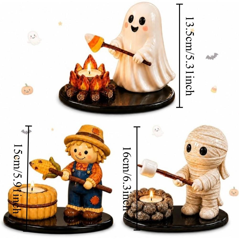 Resin Halloween Tea Light Candle Holder Set – Ghost, Mummy, Scarecrow & Campfire Figurines, Spooky Tabletop Decor for Mantel, Shelf & Centerpiece, Creepy Home Accent for Adults
