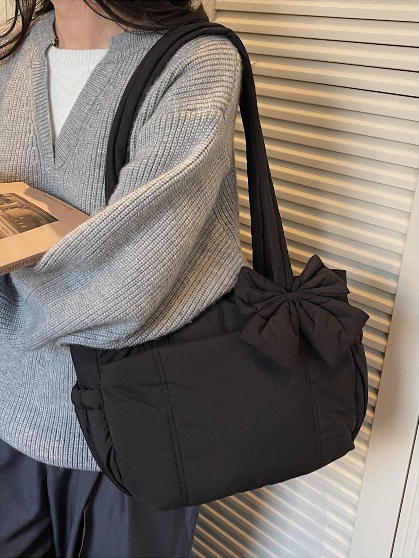 Pink Quilted Bow Tote Bag, Casual Lightweight Shoulder Bag, Casual Commuter Bag, Suitable for Commuting, Shopping, Leisure Outings, Everyday Accessories.