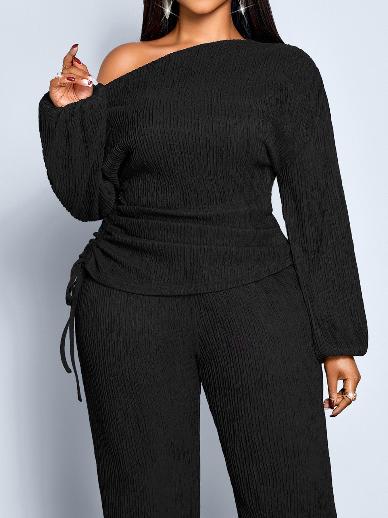 Women's Elegant Two-Piece Set, Fall & Winter Casual, Long Sleeve Drawstring Top & High Waist Wide Leg Pants, Plus Size