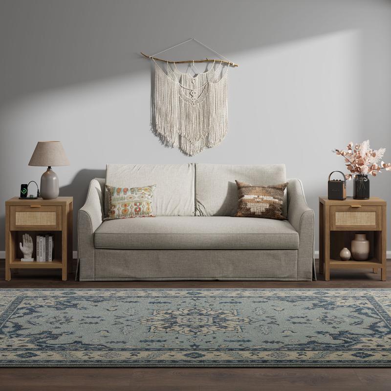 SICOTAS Rattan Nightstand Set of 2, 15"x 19.7"x 25.2" Size Farmhouse Night Stands with Charging Station Bedside Table with Drawer, Boho Bed Side End Table with USB and Type-C Ports for Small Space Bedroom Living Room, Easy Charging