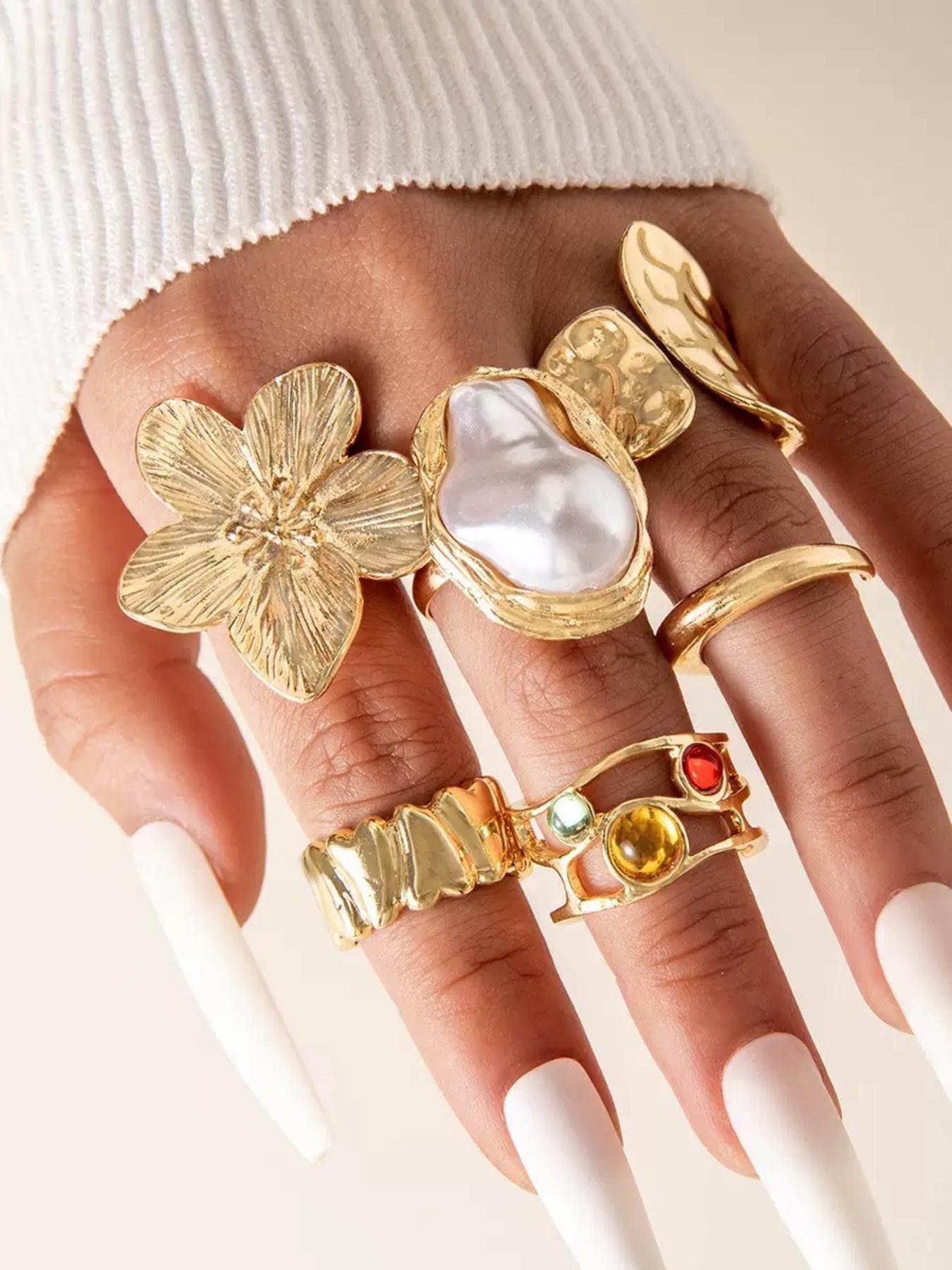 Elegant Floral Faux Pearl Ring Set, Fashionable Jewelry, Beautiful Rings, Zinc Alloy Wide Band Women's Rings, Knuckle Rings Set, All Season Jewelry Gift, Party and Birthday
