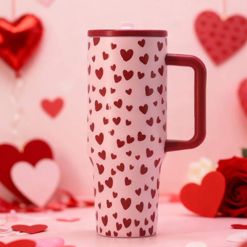 Auracup 1 Pc 40oz double wall stainless steel insulated mug vacuum cup with handle, leak proof travel tumbler, keeps hot 12 hours and cold 24 hours, pink heart pattern, gift for women, girlfriend wife, Valentine anniversary, Leak Resistant Tumbler