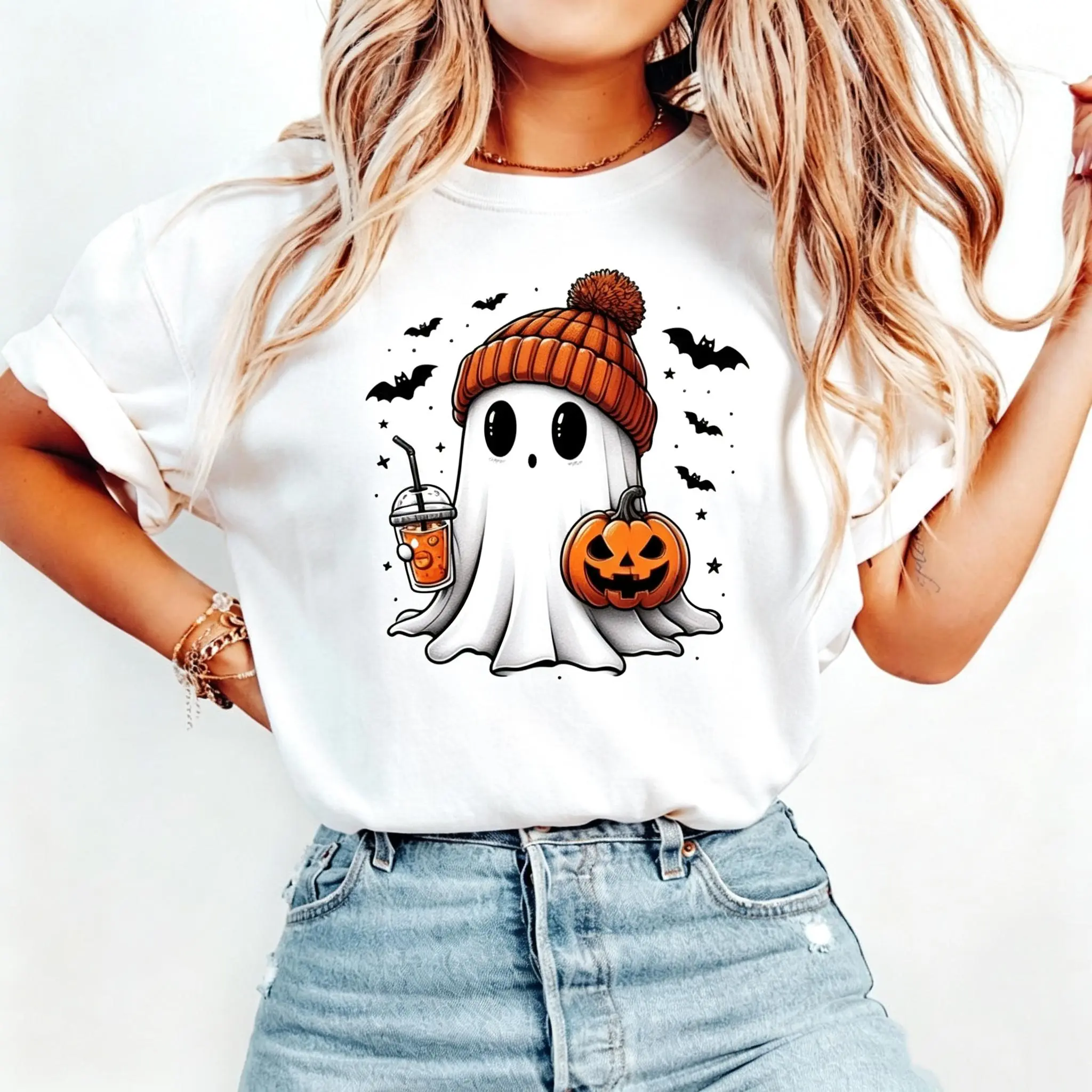 Women’s Oversized Spooky Season Tee, Cute Fall Ghost Coffee Pumpkin Halloween Autumn Graphic T-Shirt