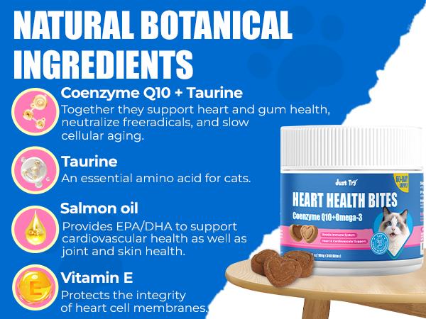 Just Try Coenzyme Q10 Heart Healthy Bites for Cats – Advanced Q10 & Taurine Supplement, Chicken Flavored Soft Chews for Feline Heart Health, 300 Count