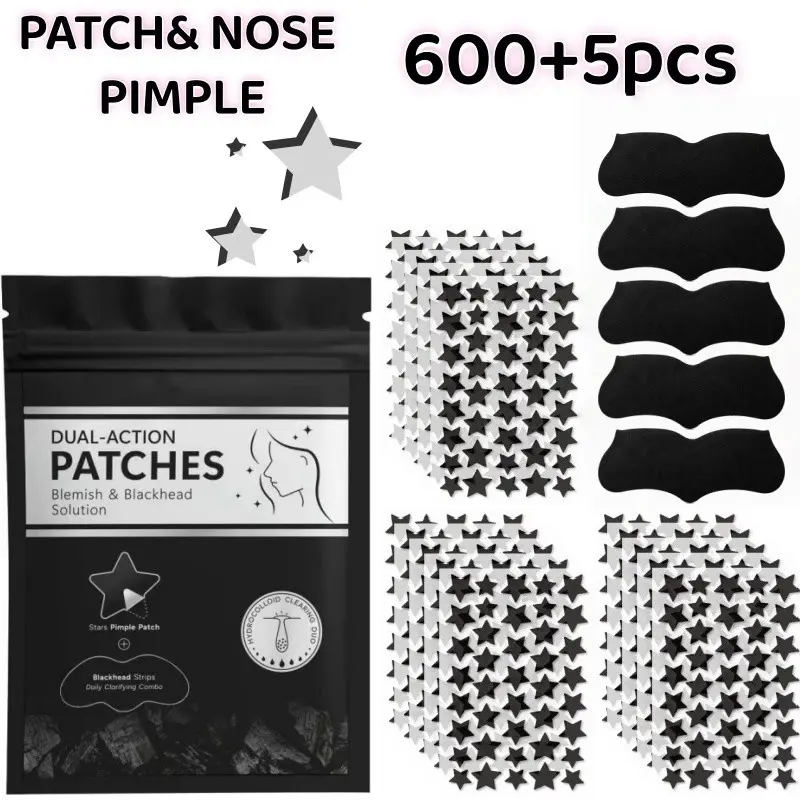 600+5Pcs Black and White Star Hydrocolloid Pimple Patches and Black Nose Strips, 2-in-1 Large Facial Blemish Cover Set for Halloween Parties, Music Festivals and Photo Styling, Acne Patches, Acne Patches For Face