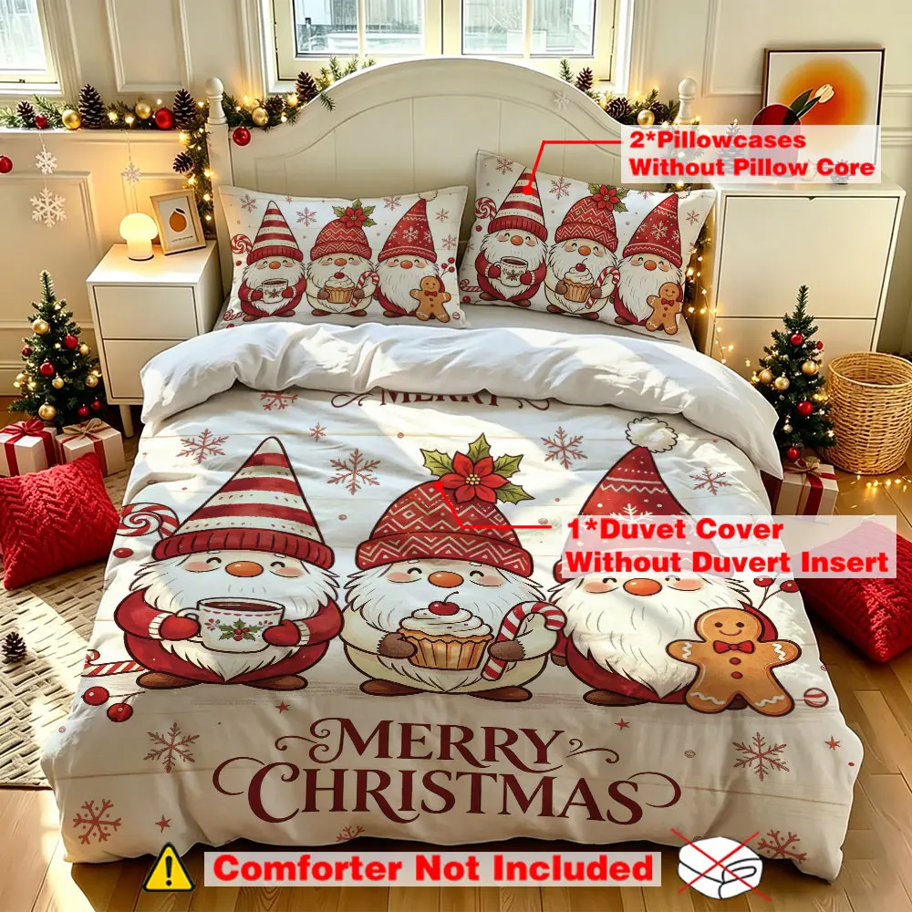 3pcs Christmas Gnome Gingerbread Man Duvet Cover Set, Includes 1 Duvet Cover & 2 Pillowcases, No Filling, Christmas Gift For Bedroom Hotel Dorm