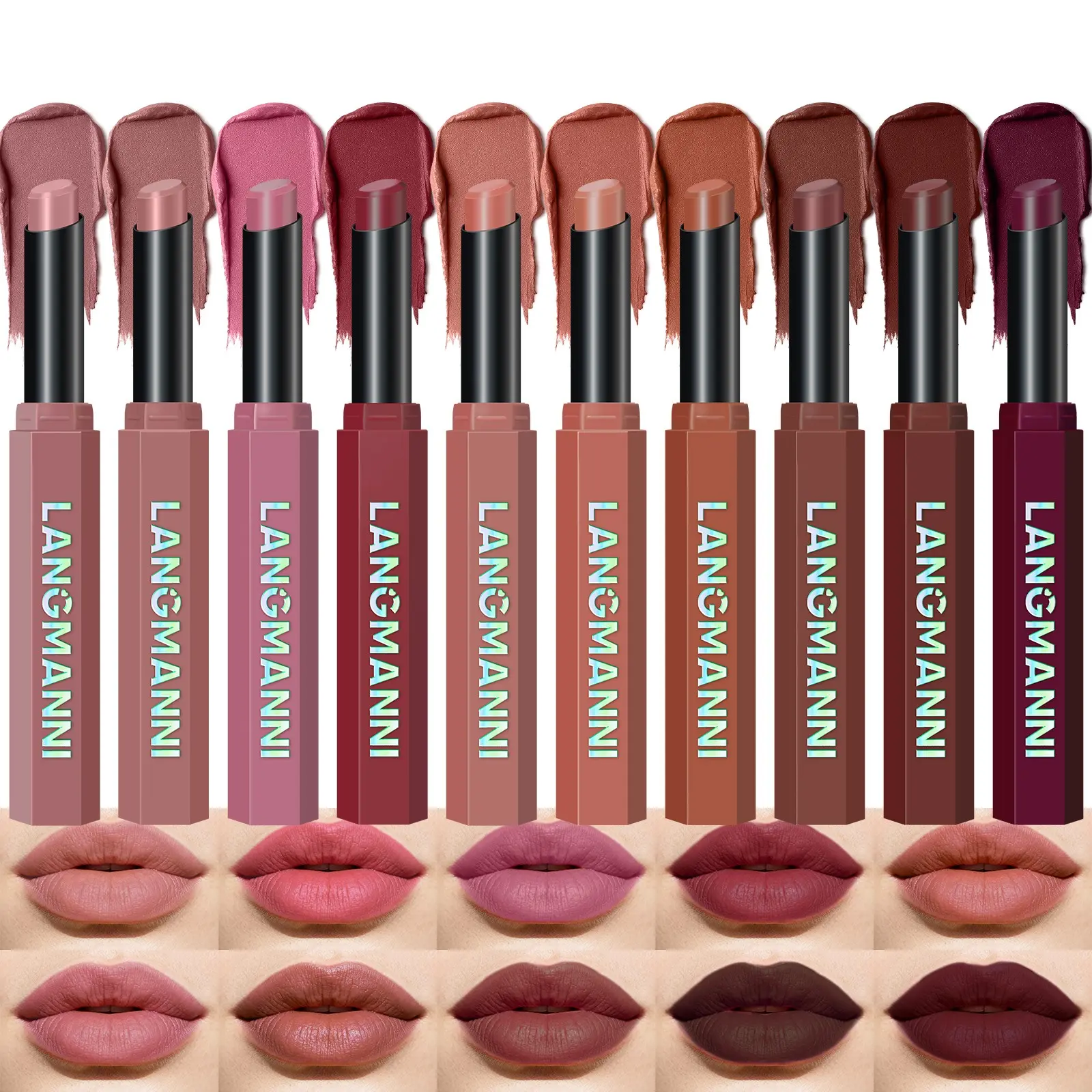 Langmanni 10 Color Matte Lipstick Set, Long-Lasting Velvet Lipsticks, High Pigmentation, Perfect for Daily and Party Makeup