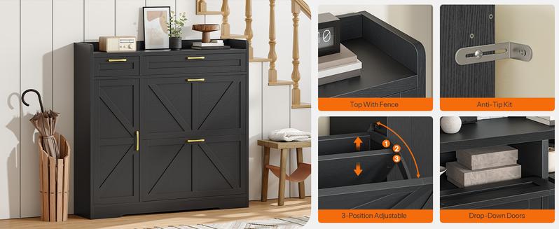 HOOBRO Shoe Cabinet with 2 Flip Drawers for Narrow Entryway, Adjustable Shoe Organizer with Hidden Storage, Narrow Shoe Organizer Cabinet, Freestanding with Adjustable Side Cabinet