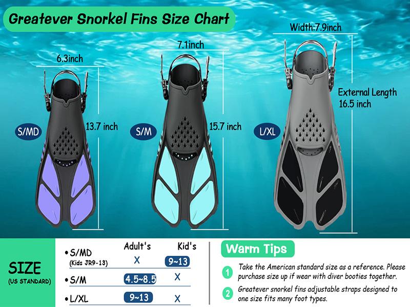 Greatever Adjustable Snorkel Fins - Open Heel Short Swim Flippers for Adults, Perfect for Travel, Snorkeling, Diving, and Swimming Greatever Adjustable Snorkel Fins - Open Heel Short Swim Flippers for Adults, Perfect for Travel, Snorkeling, Diving, and Swimming