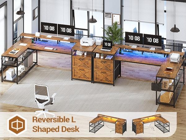 SEDETA 67" L Shaped Desk with Drawers, Computer Office Desk with Storage Shelves & Power Outlet, Reversible Gaming Desk with LED Lights for Home Office