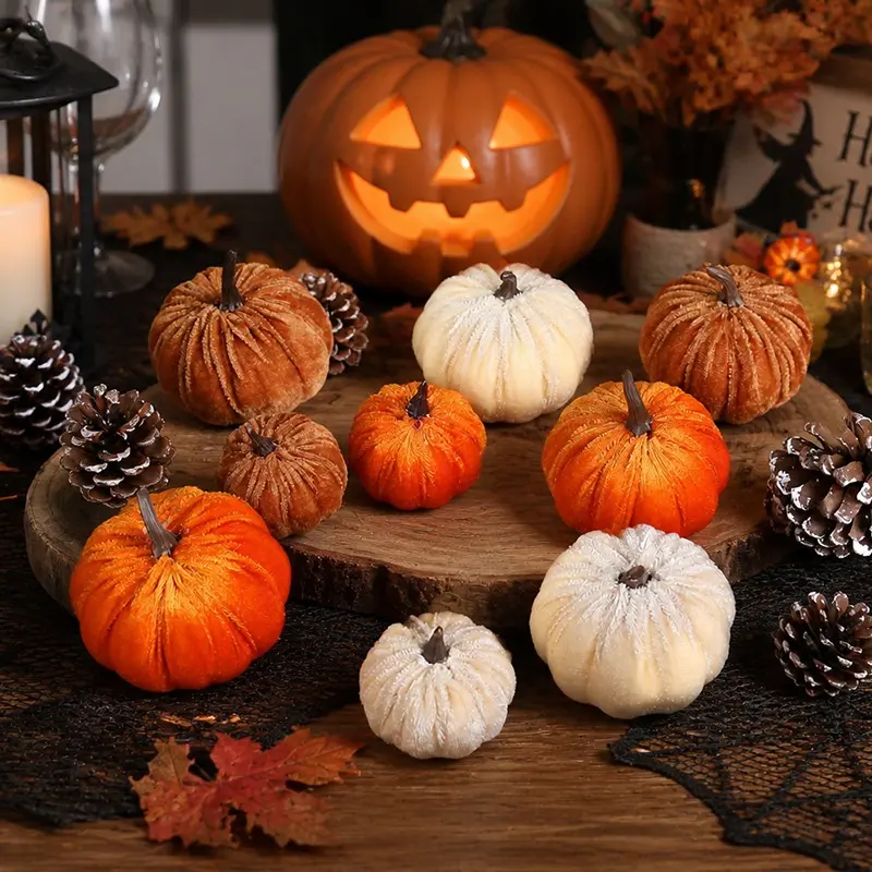 9pcs Halloween Harvest Foam Pumpkin Decorations, 6-10cm Solid Color Realistic Fabric Pumpkins, Festive Seasonal Ornaments