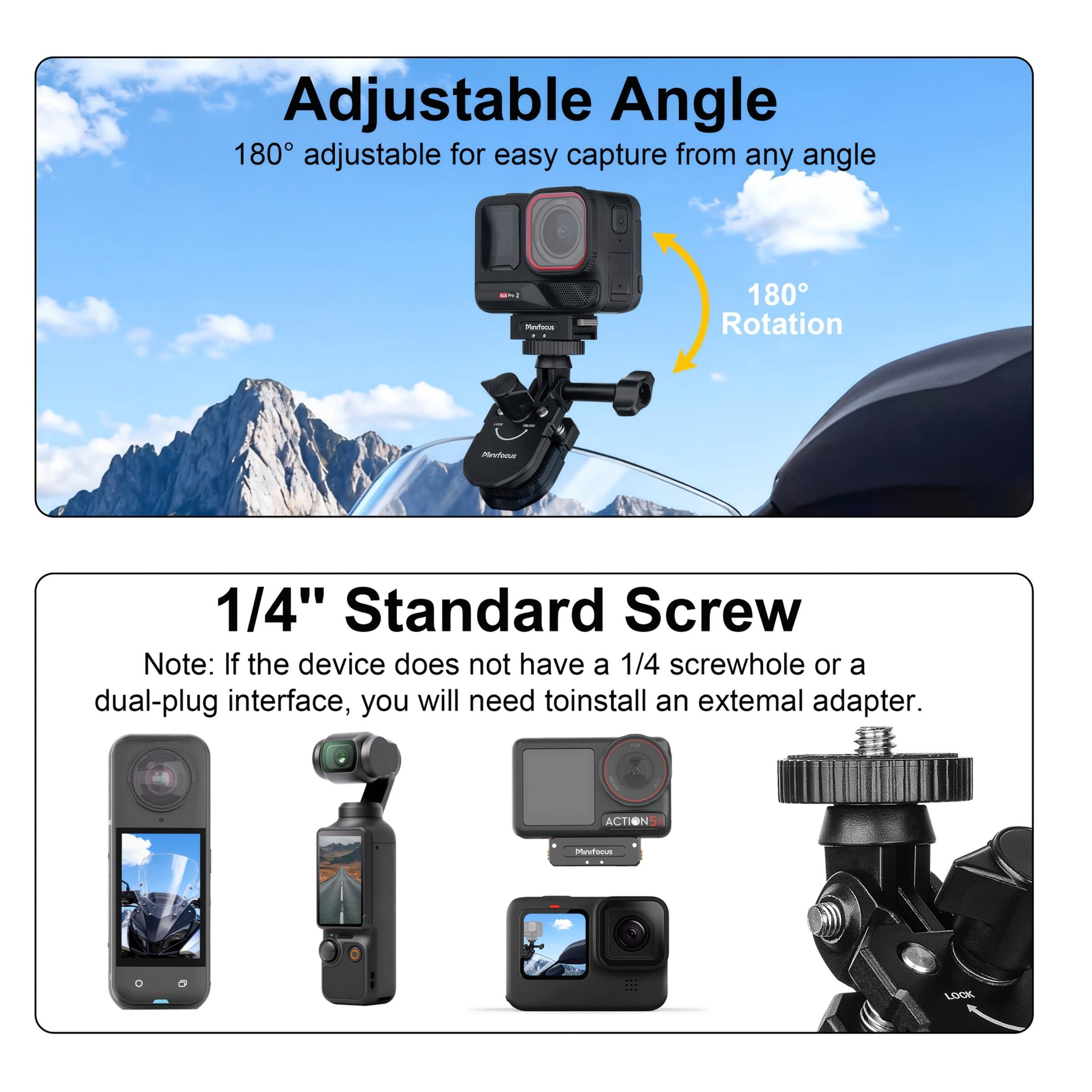 Motorcycle Windshield Camera Mount Holder, Aluminum Alloy, Quick Release + 1/4" Adapter, Compatible with Gopro Dji Insta360