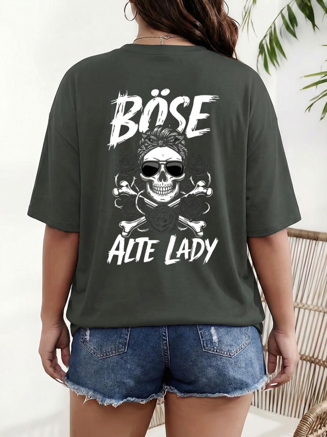 German Retro Design Böse Alte Lady Skull Rose Print Plus Size T-Shirt, Loose Shoulder Pure Cotton Short Sleeve, Casual Summer Top