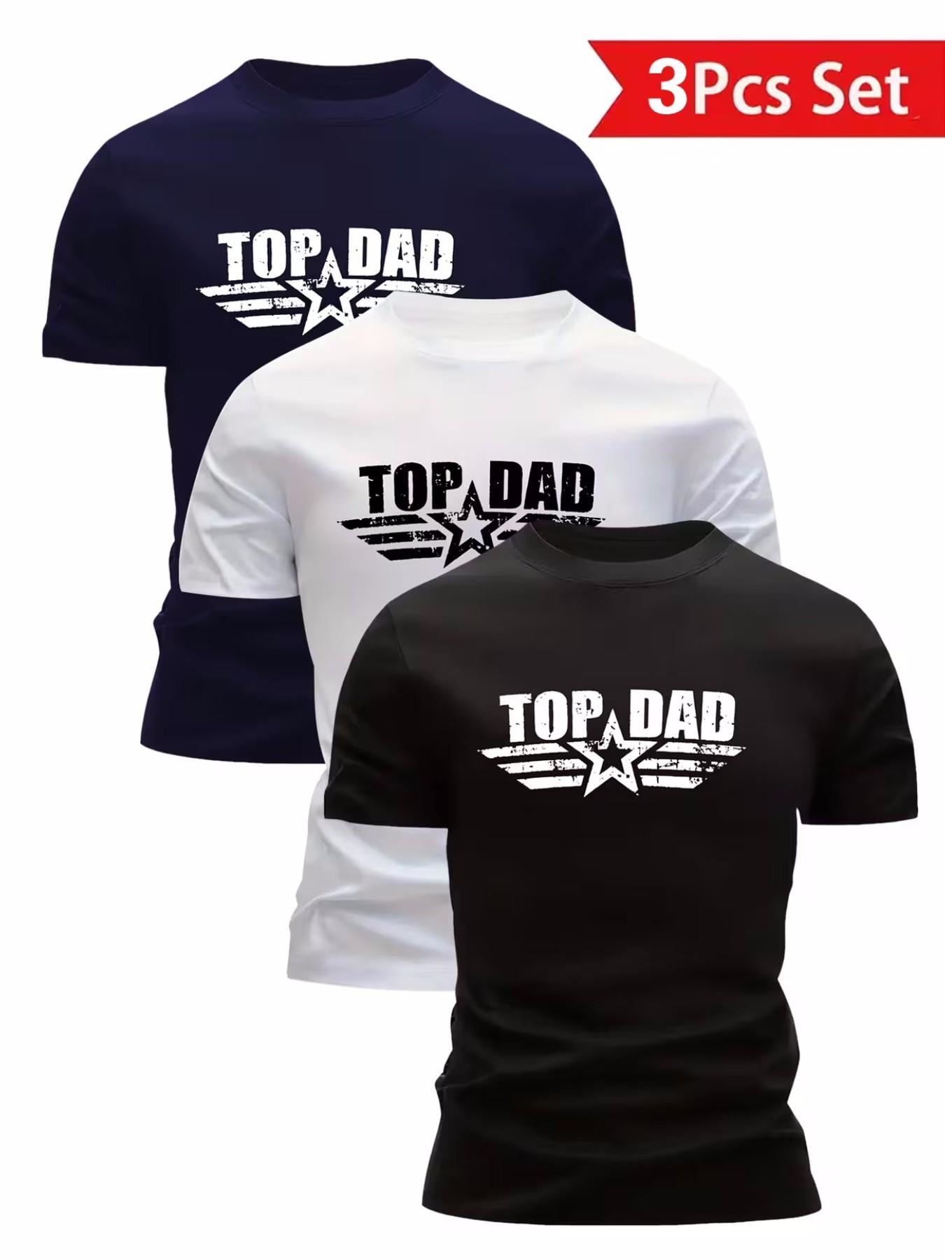 3Pcs Men's Casual "Top Dad" Star Print T-Shirt Set, Distressed Design Short Sleeve Tops for Daily Wear