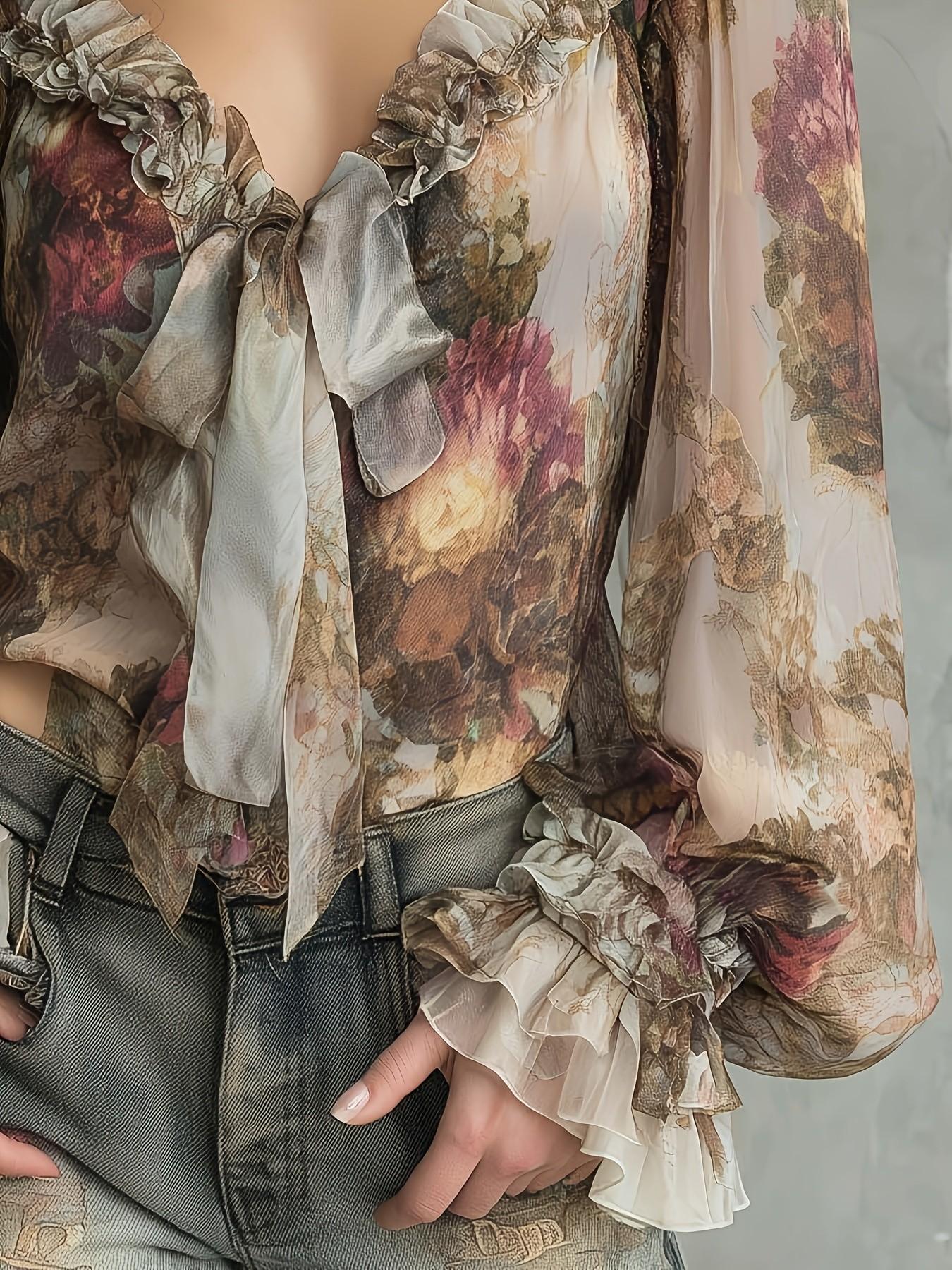 Women's Bohemian Vintage Floral Print V-Neck Bell Sleeve Long Sleeve Chiffon Blouse, Elegant Chic Summer Top, Lightweight & Flowy Design Shirt, Boho Style Shirt for Casual Wear, Boho Sleeve Top