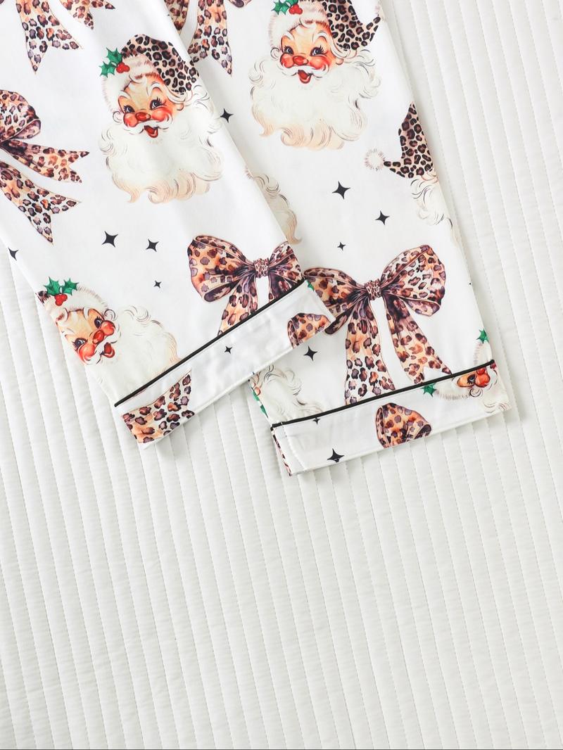 Women's Christmas Leopard Santa Claus Pajama Set, Long Sleeve Sleepwear & Pants, Elegant Fitted Nightwear for All Seasons