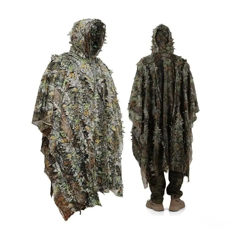 Adults' Hooded Ghillie Poncho with Realistic 3D Autumn Leaf Camouflage, Breathable Polyester Mesh with Pockets for Hunting & Outdoor Activities, Blends Into Natural Environments, Enhances Functionality, Hood And Pockets
