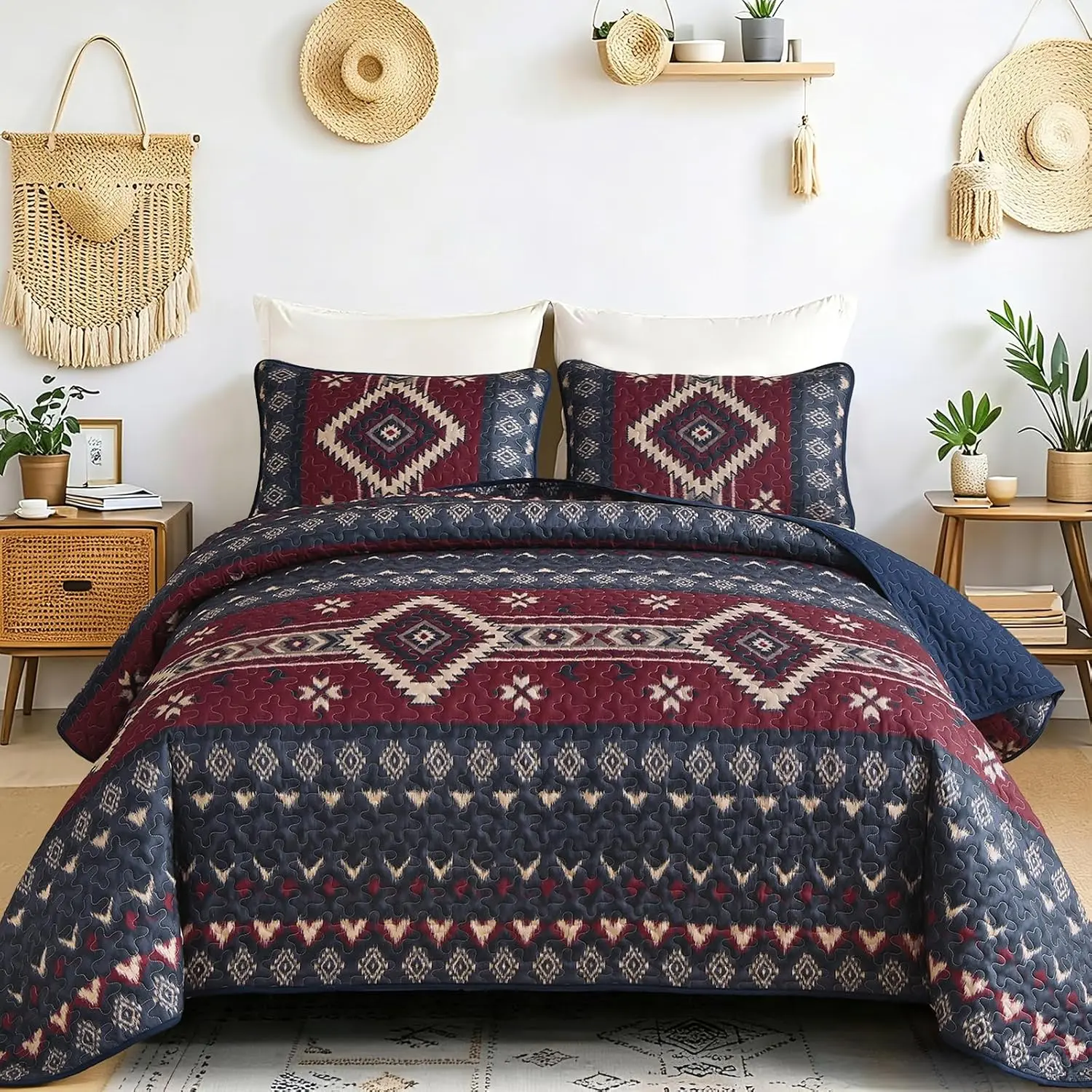 Dintsyayue Boho Set Queen,3 Pieces Geometric Southwestern Bedspread Set,Soft Lightweight Reversible Coverlet Bedding Set with 2 Pillowcases for All Season(96"x90")