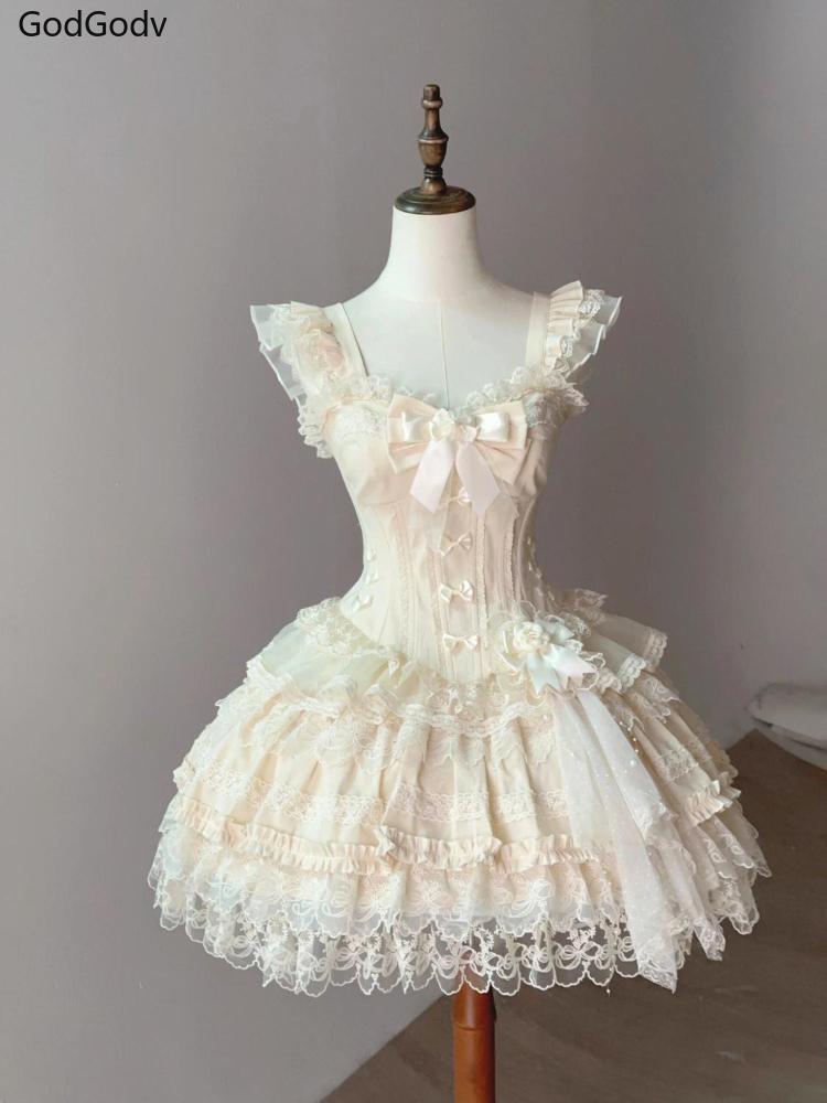 Japanese Sweet Princess Lolita Elegant Woman Party Dress   Chic Bow Fairy Vintage Dress Slim Flower Lace Retro Outfits Summer