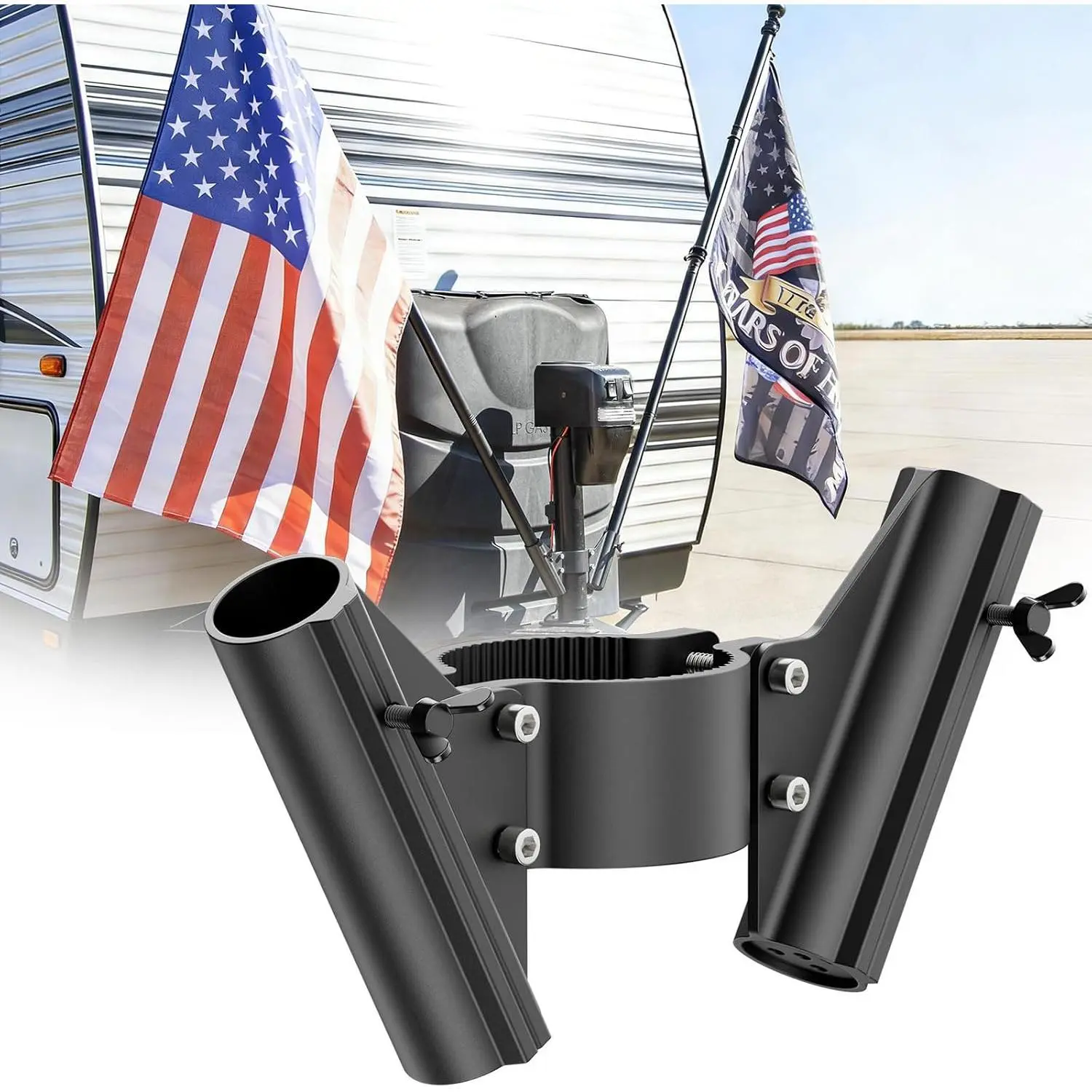 RV Dual Flag Pole Mount for Tongue Jack - RV Camping Rustproof Alum. Kit, Aluminum Dual Holders for 1" Flagpoles, Wing Screw Locking, Displays 2 Flags for Balanced Look, Camper Trailer Outdoor Essential Accessory