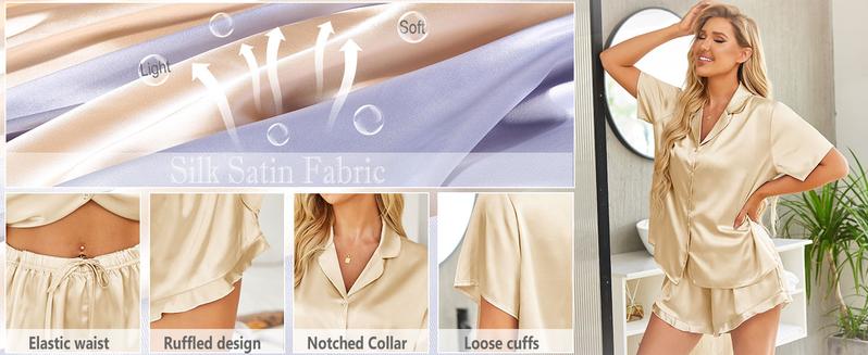 Womens Satin Pajamas Set Button Down 2 Piece Silk Pjs Shorts Set Ruffle Lingerie Notch Collar Sleepwear Womens Satin Pajamas Set Button Down 2 Piece Silk Pjs Shorts Set Ruffle Lingerie Notch Collar Sleepwear