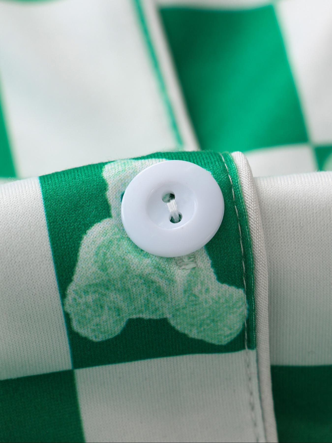 Women's Checkerboard Print Lapel Neck Pajama, Casual Comfy Short Sleeve Button Front Chest Pocket Design Top & Elastic Waist Shorts PJ Set, Ladies Summer Sleepwear Loungewear