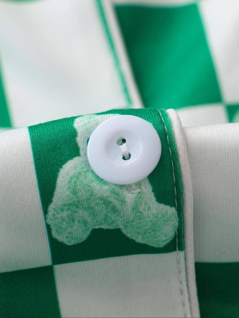 Women's Checkerboard Print Lapel Neck Pajama, Casual Comfy Short Sleeve Button Front Chest Pocket Design Top & Elastic Waist Shorts PJ Set, Ladies Summer Sleepwear Loungewear