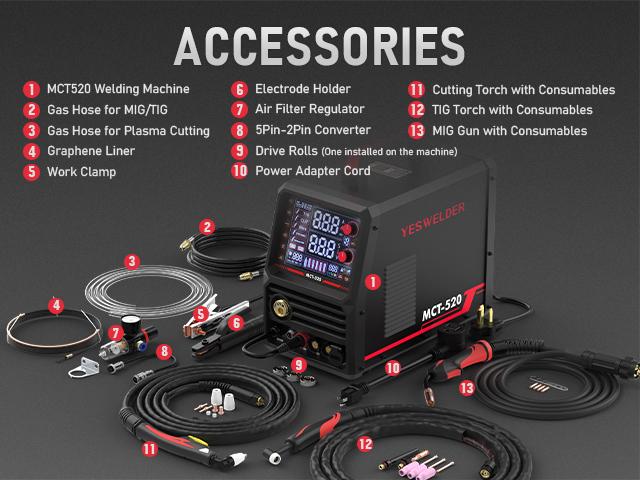 YESWELDER MCT-520 110/220V Welder & Plasma Cutter Combo | MIG/Flux Core/HF CUT/HF TIG/Stick/Aluminum Spool Gun 6-In-1 Welding Machine | 200A MIG TIG MMA & 50A CUT