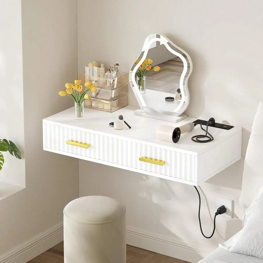 ZKIODV 31.5" Floating Desk, Mounted Vanity Desk With Drawer & Power Outlet, Modern Fluted Makeup Table, Space Saving Writing Desk Small Apartment Bedroom Home Office,corner,,withdrawers,luxury,lighted