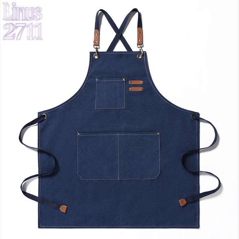 Cotton Canvas Cross Back Work Apron Leather Adjustable Strap Multi Pocket Oil Resistant Kitchen Coffee Shop Gardening Artist Unisex Custom Logo Blank Apron