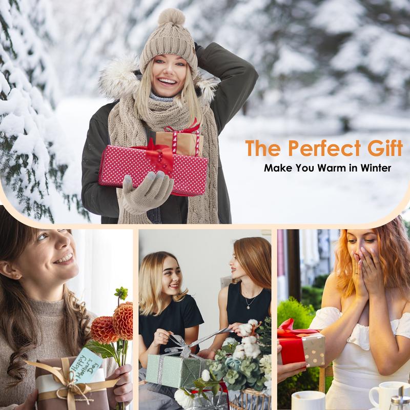 3PC Womens Winter Knit Hat Scarf and Gloves Set Fleece Lined Pom Pom Beanie Long Knit Scarf and Touchscreen Gloves Chic Warm Christmas gift sets Accessory Fashion