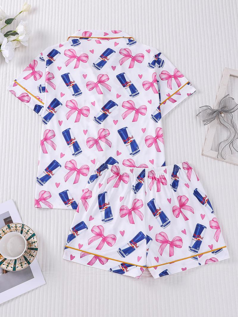 2-piece women's full body pink bow love drink bottle short sleeved shorts soft and comfortable skin friendly smooth top small pocket button closure elastic waistband suitable for all seasons home casual wear pajamas