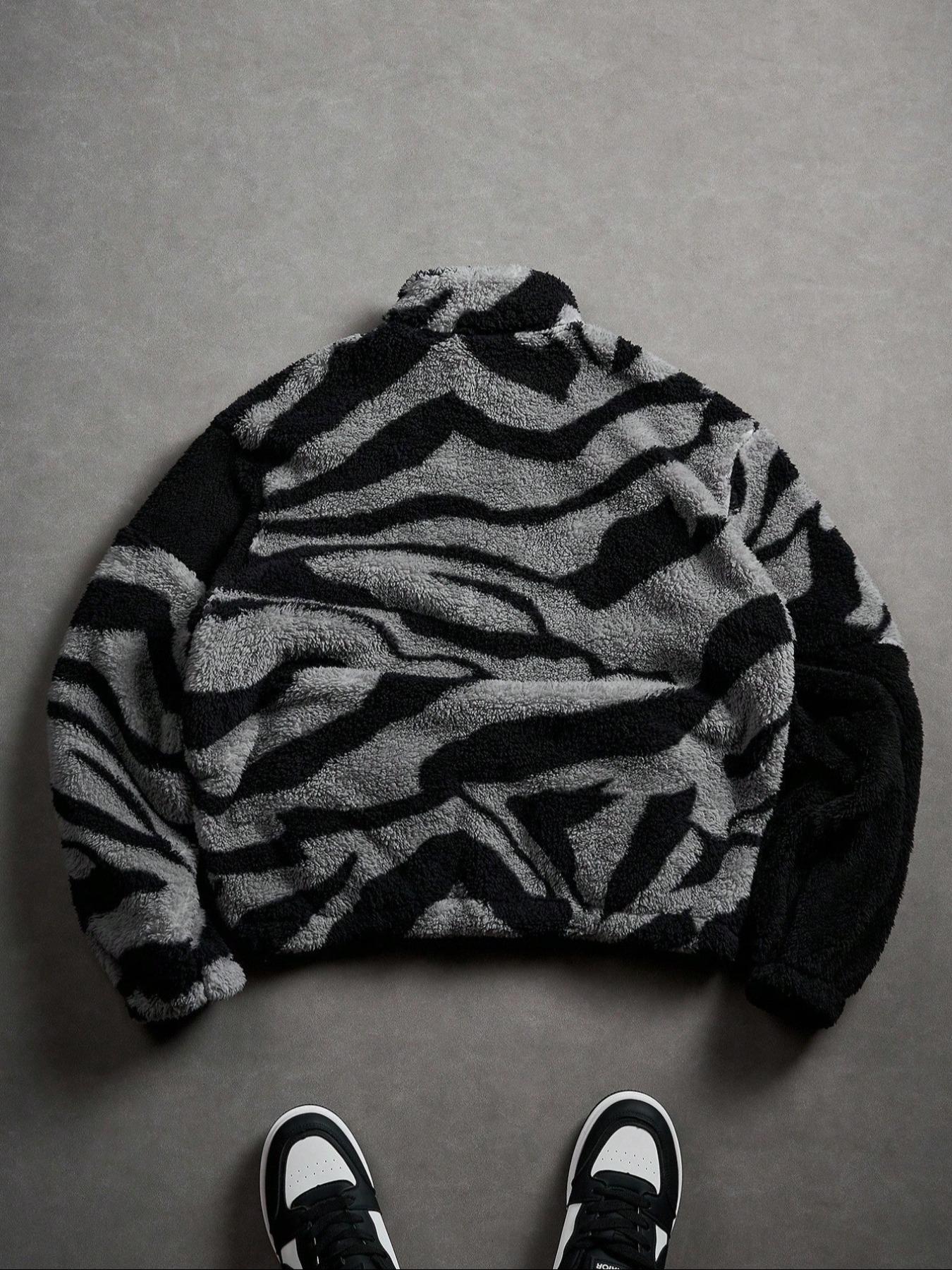 Abstract Pattern Fleece Zip - Up Jacket, Cozy Streetwear Outfit, Trendy TikTok Must - Have, Coats