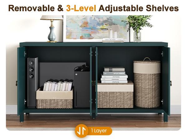 RoyalCraft Sideboard Buffet Cabinet with Storage, 60'' Mid Century Modern Storage Cabinet with 4 Doors and Adjustable Shelves, Accent Cabinet for Entryway, Dining Room, Living Room, Bedroom, Black