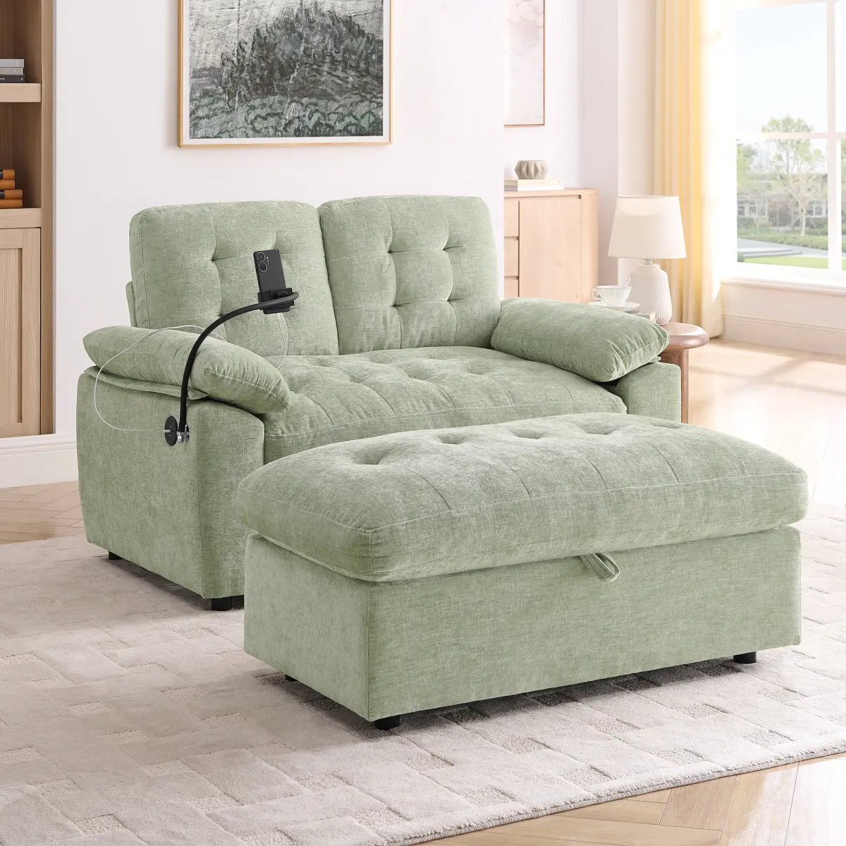 Leisure sofa chair,Double sofa recliner, with manually adjustable backrest, soft padded armrests, side USB charging port and phone stand, comes with a matching storage ottoman