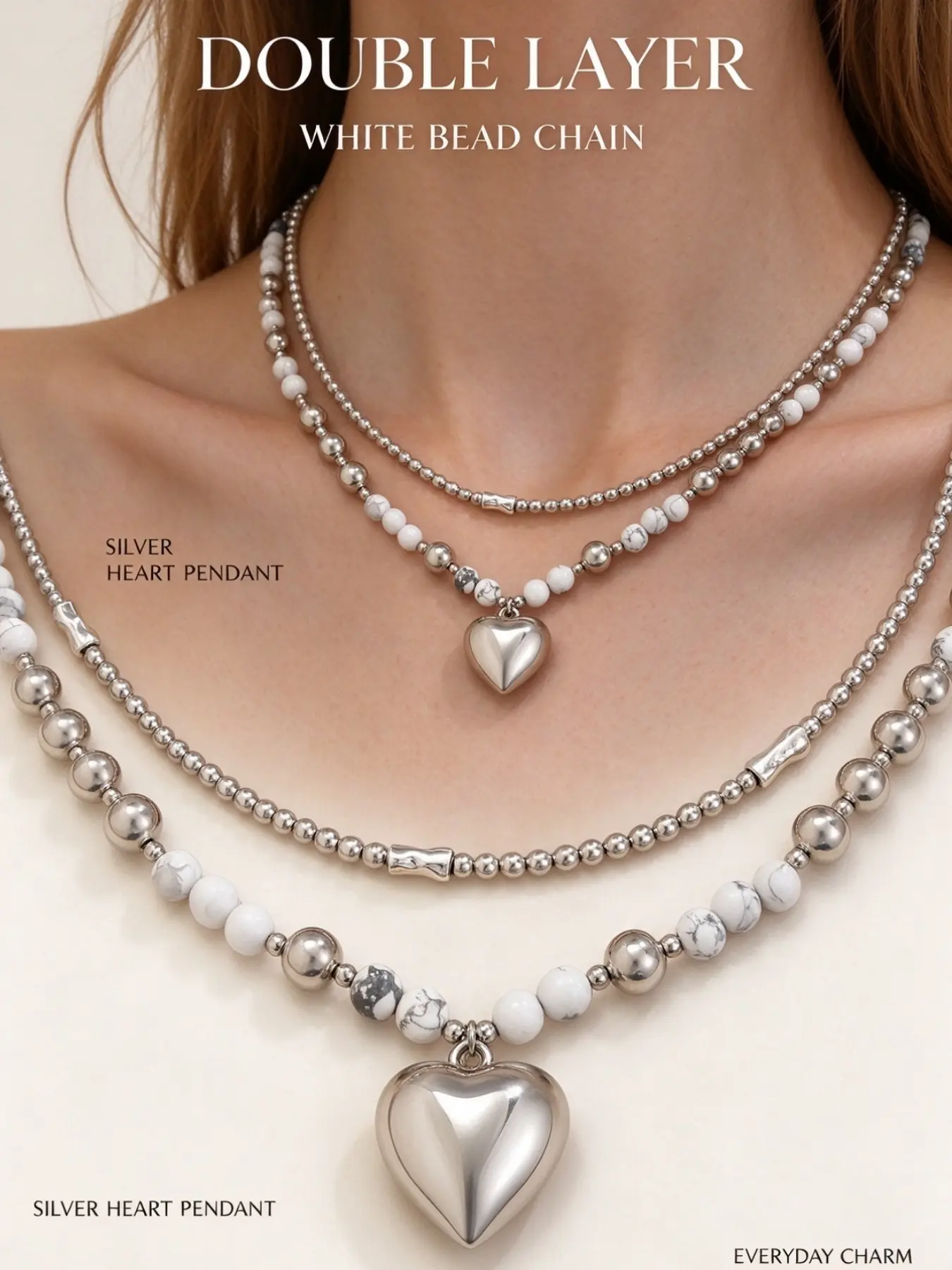 2 Layered Heart Pendant Beaded Necklace Set,  Stackable Necklace, Trendy Layered Neck Jewelry for Women
