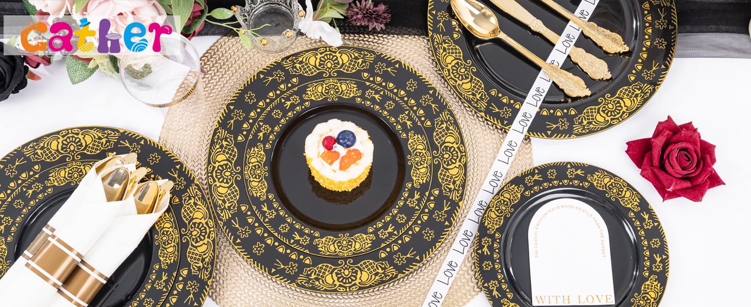 350PCS Black and Gold - Gold Disposable Dinnerware Set Include 50 Dinner, 50 Dessert, 150 Gold Silverware, 50, 50 Cups for Wedding &