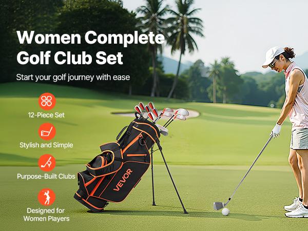 VEVOR Golf Club Set, 12 Pieces Women's Golf Club Complete Set Right Handed with 460CC #1 Driver, #3 5 Fairway Wood, #4 Hybrid, #5/#6/#7/#8/#9/#PW/#SW Irons, L-Shaped Putter, Golf Stand Bag, Orange