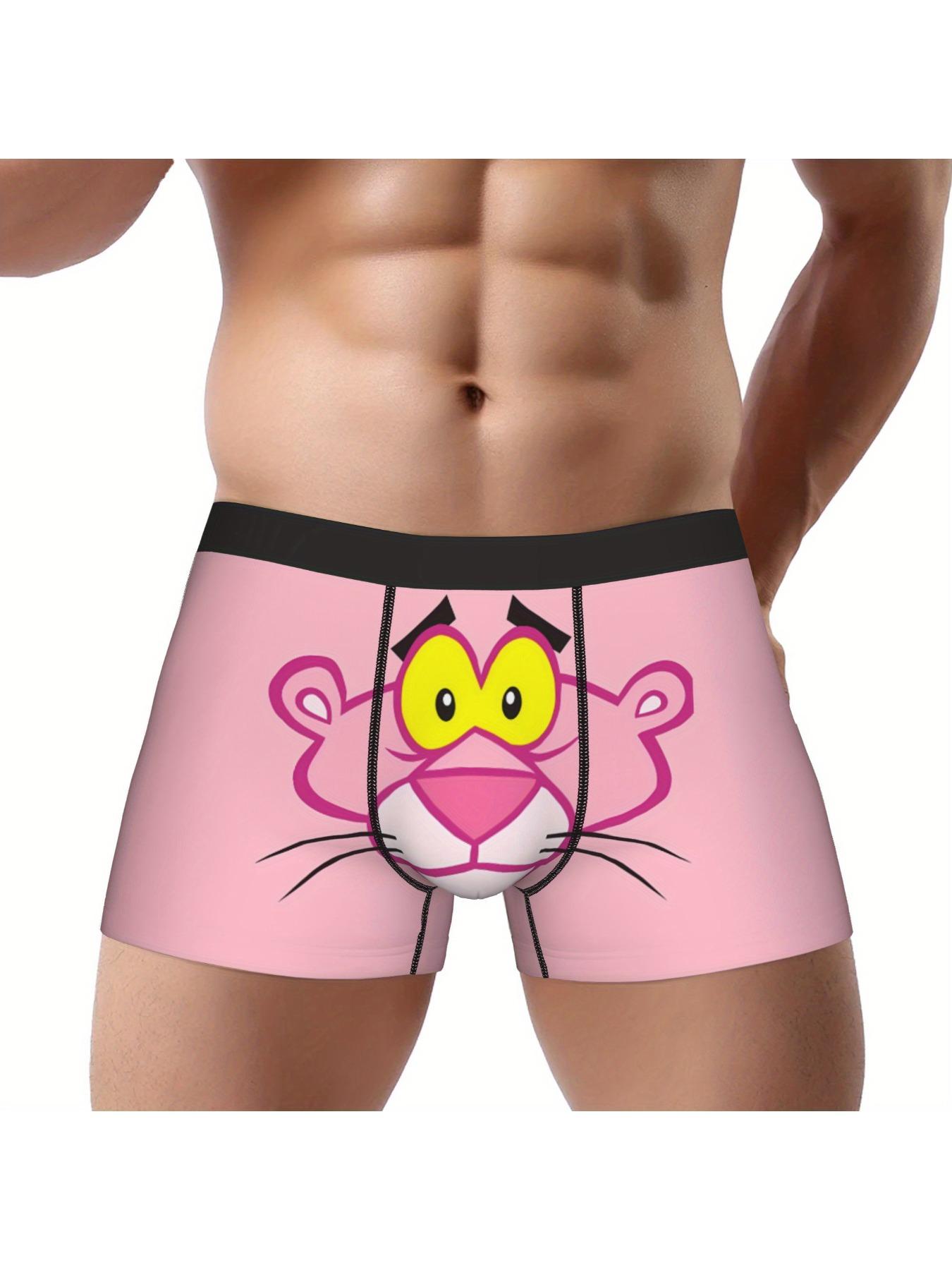 Funny Pink Leopard Cartoon Boxers, Retro 60s Big Cat Face, Naughty Gag Gift for Him, Boxer Shorts