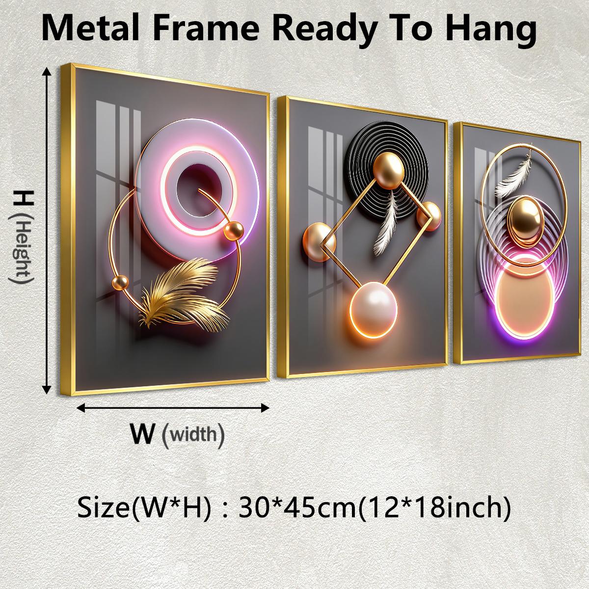 3 Counts Aluminum Alloy Framed Painting, Modern Geometric Feather Art Pictures, Home Decoration For Living Room, Bedroom, Office, Restaurant, Hallway Wall Decor, Odorless Print Artwork, Luxury Perfect Gift For Friends And Family