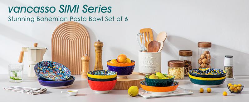 vancasso Pasta Bowls, Ceramic Salad Bowls of 6, 32 oz Large Corlorful Serving Bowls for Kitchen, Dishwasher & Microwave Safe Soup Bowls, Pasta Plates Tableware