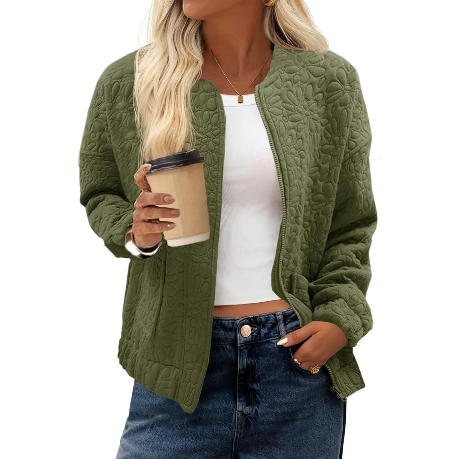 Tankaneo Womens Bomber Jackets Zip Up Jacquard Lightweight Jacket Coats Oversized,Fall Varsity Jacket,Outerwear,Casual Outfits