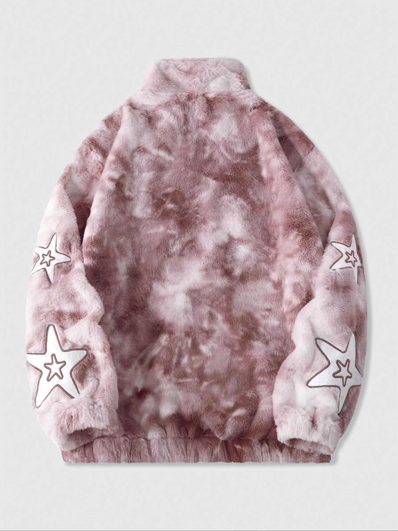 Men’s and women’s versions. Streetwear style: LA letters and pink tie-dye star-shaped appliqué fleece jacket for winter warmth and protection. Suitable for streetwear, trendy outfits, cold weather protection, men’s gifts, campus-inspired styles, casual we