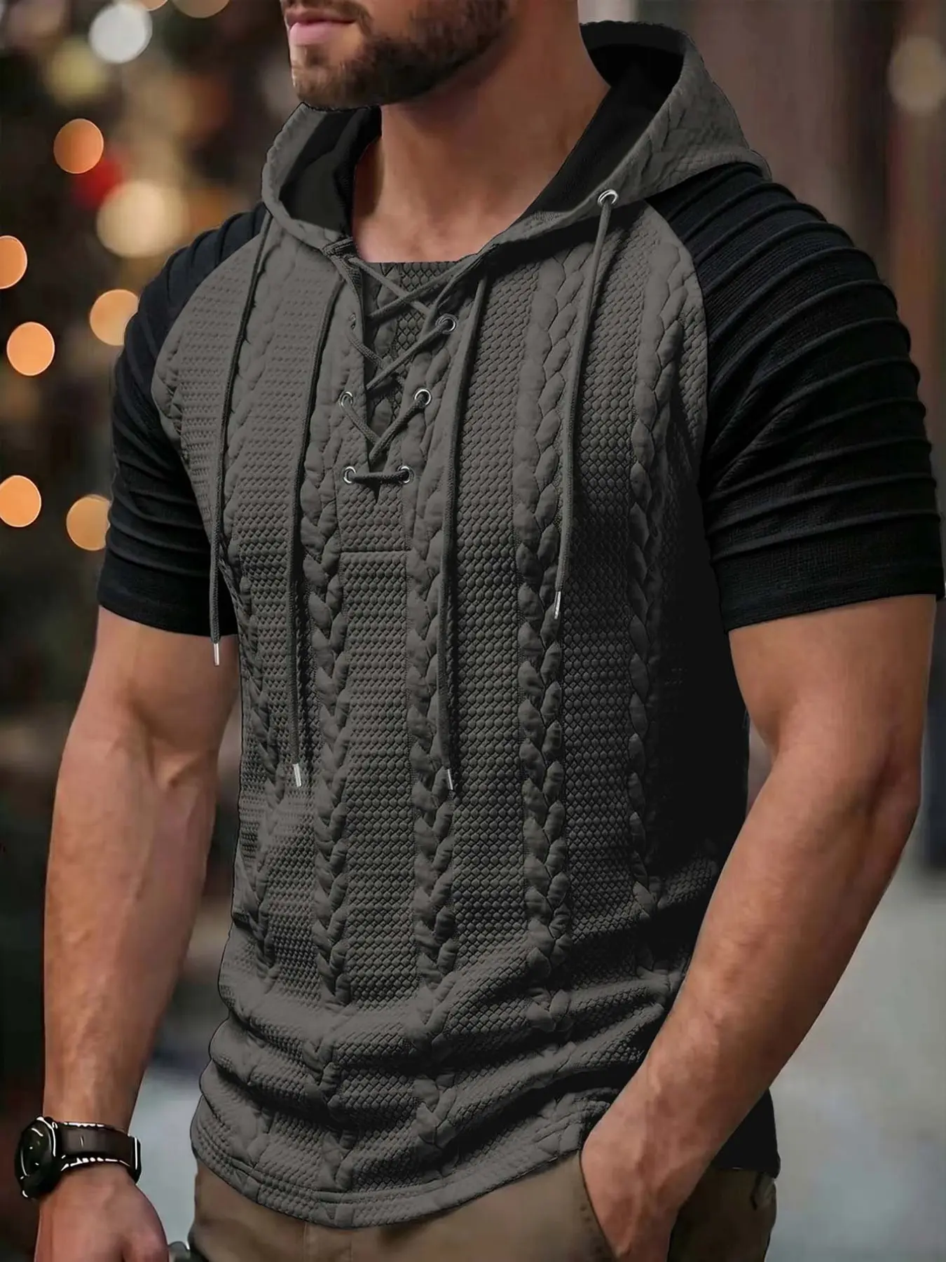 Men's Textured Braided Hooded Short Sleeve T-Shirt, 3D Embroidered Tie Design, Slim Fit, Luxury Minimalist Style, Business Casual Summer Top