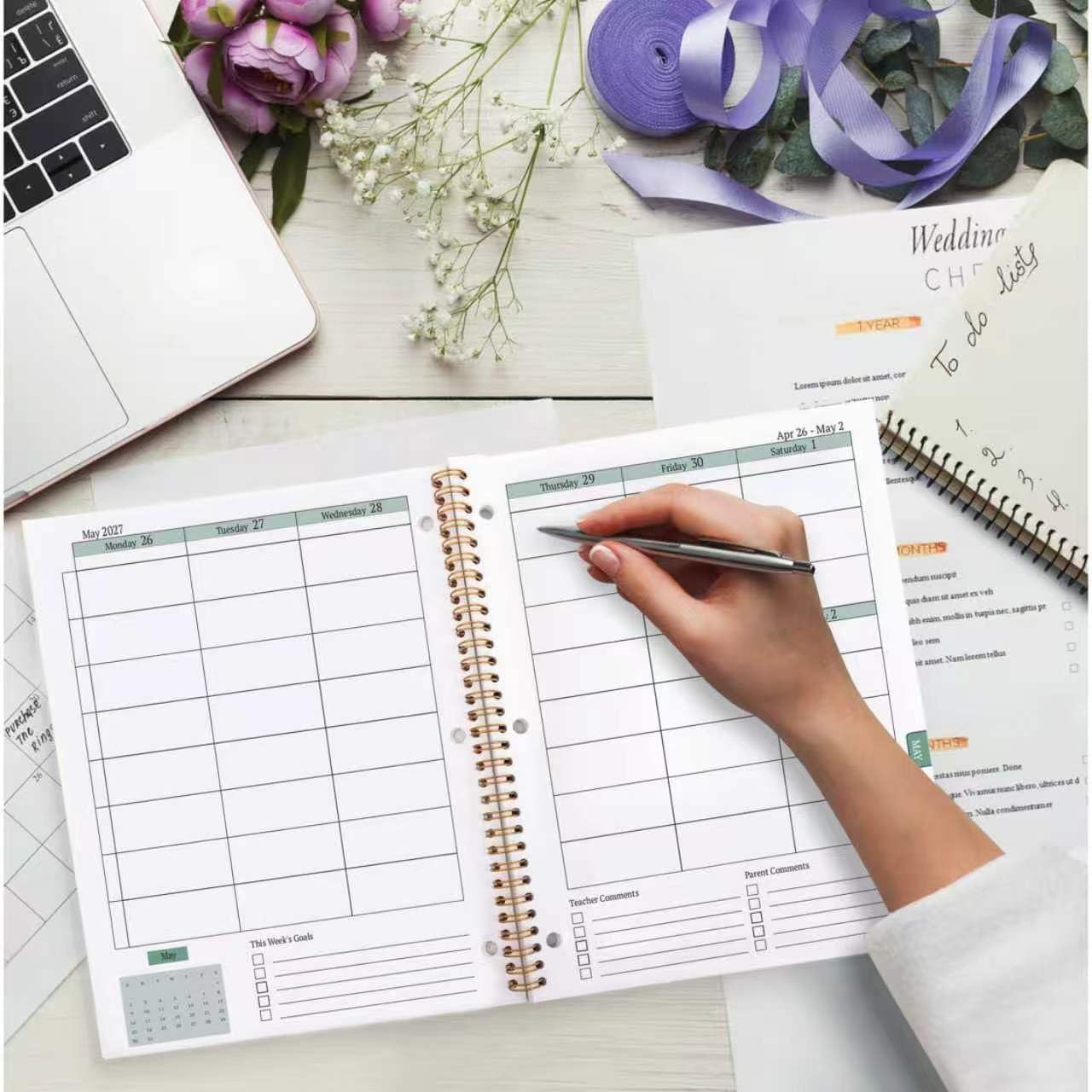 2026-2027 Academic Student Planner - 8.2x10.7", Flat Spiral, Synthetic Cover, Monthly & Weekly, Goal Tracking, Unlined Blocks, 3-Hole Punched, Stickers Included, Aug 2026-Jun 2027, for Middle/High School, Green