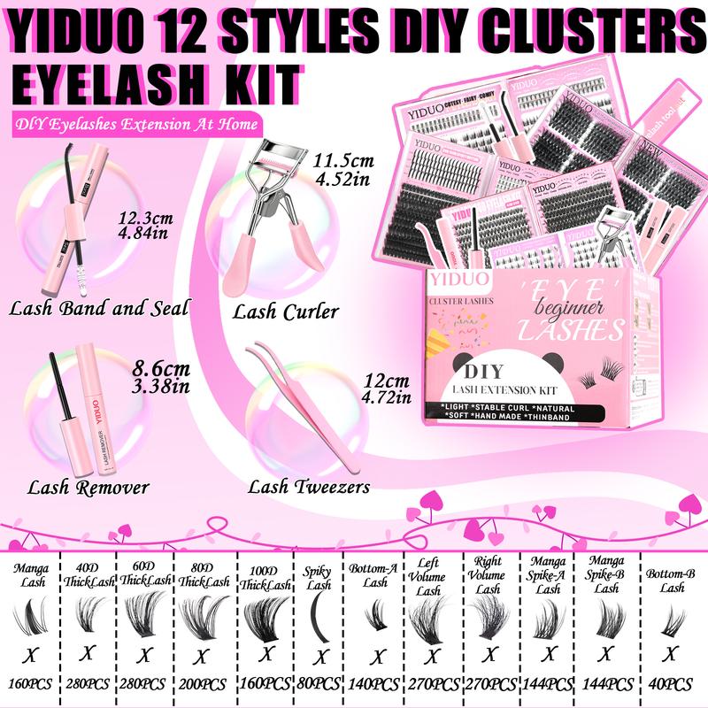 2168pcs YIDUO Lash Cluster Kit Gift Set Volume Manga&40D&60D&80D&100D with Spiky Bottom Lashes Extension Kit 10-20mm D Curl wispy False Eyelash With Double-ended Eyebrow Pencil | Waterproof Eyeliner | Eyelash Curler | DIY Lash Kit