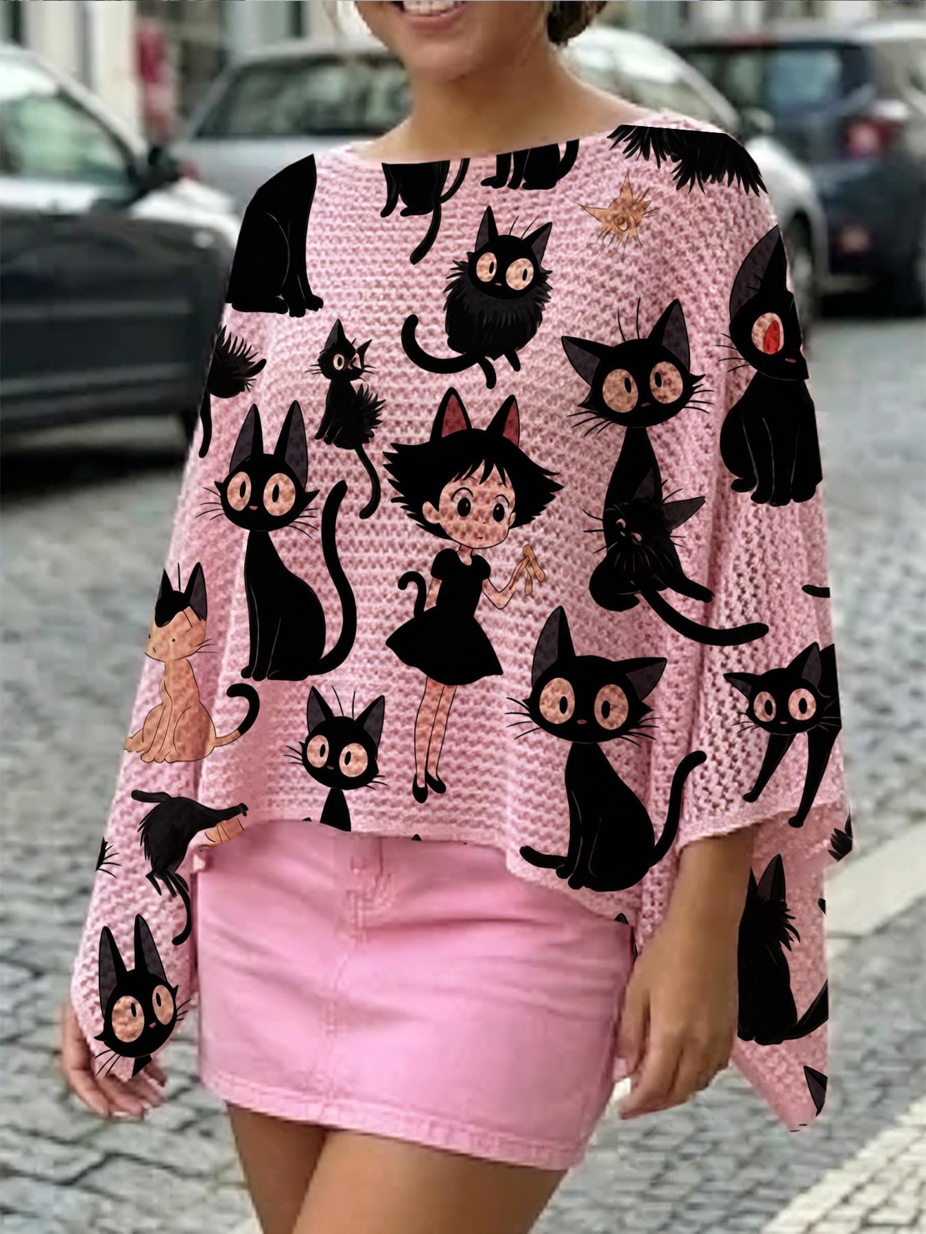 Elegant Cartoon Animal Print One-Shoulder Long Sleeve Knit Top, Casual Vacation Style, Comfortable Breathable Women's Shirt, Spring Summer Fall Fashion