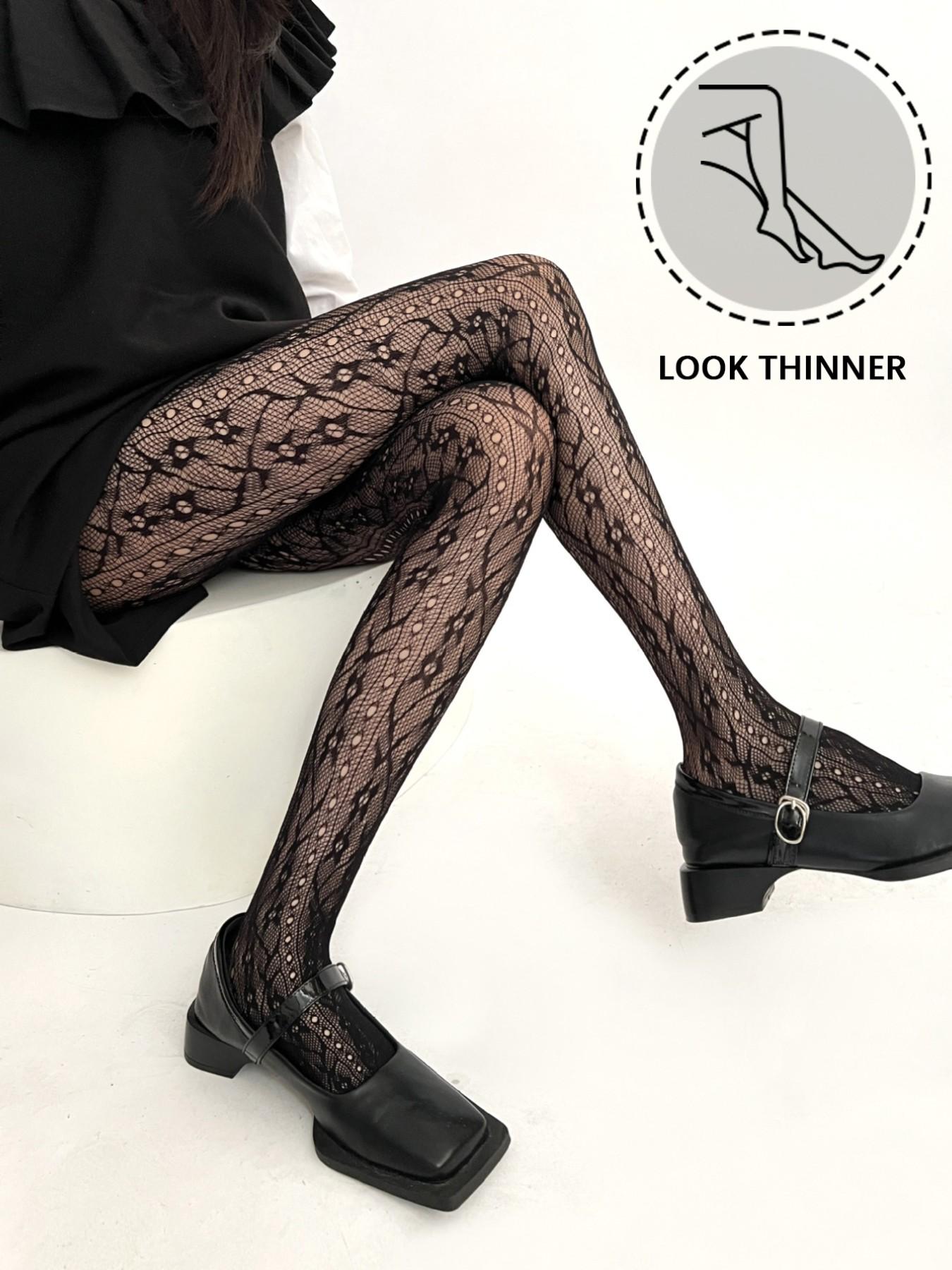 New French Vintage Floral Mesh Stockings, High Stretch Vertical Stripe Pantyhose for Women, Boho Style, Unique Design